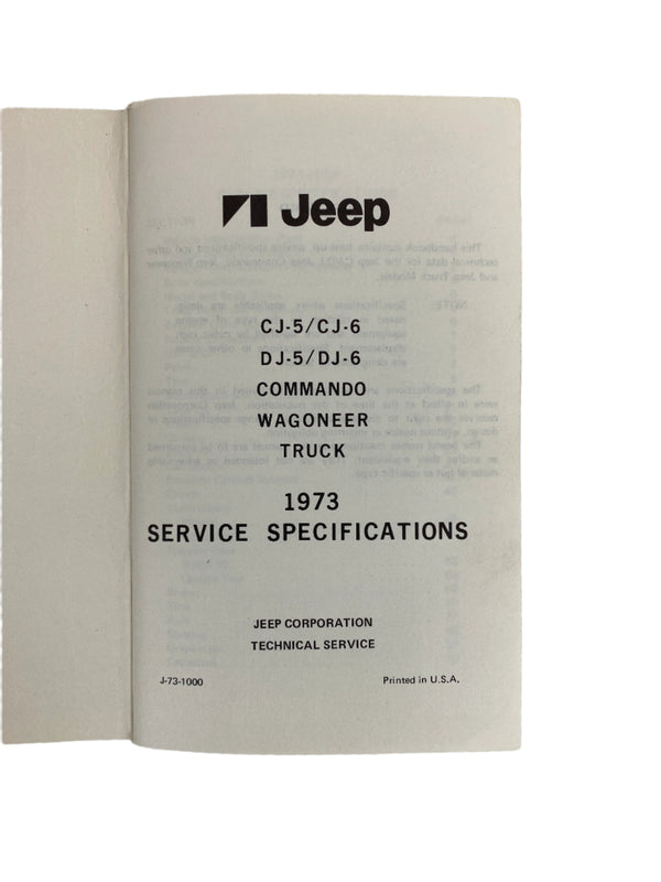 1973 Jeep Service Specifications Manual J-73-1000 (1st Issue)